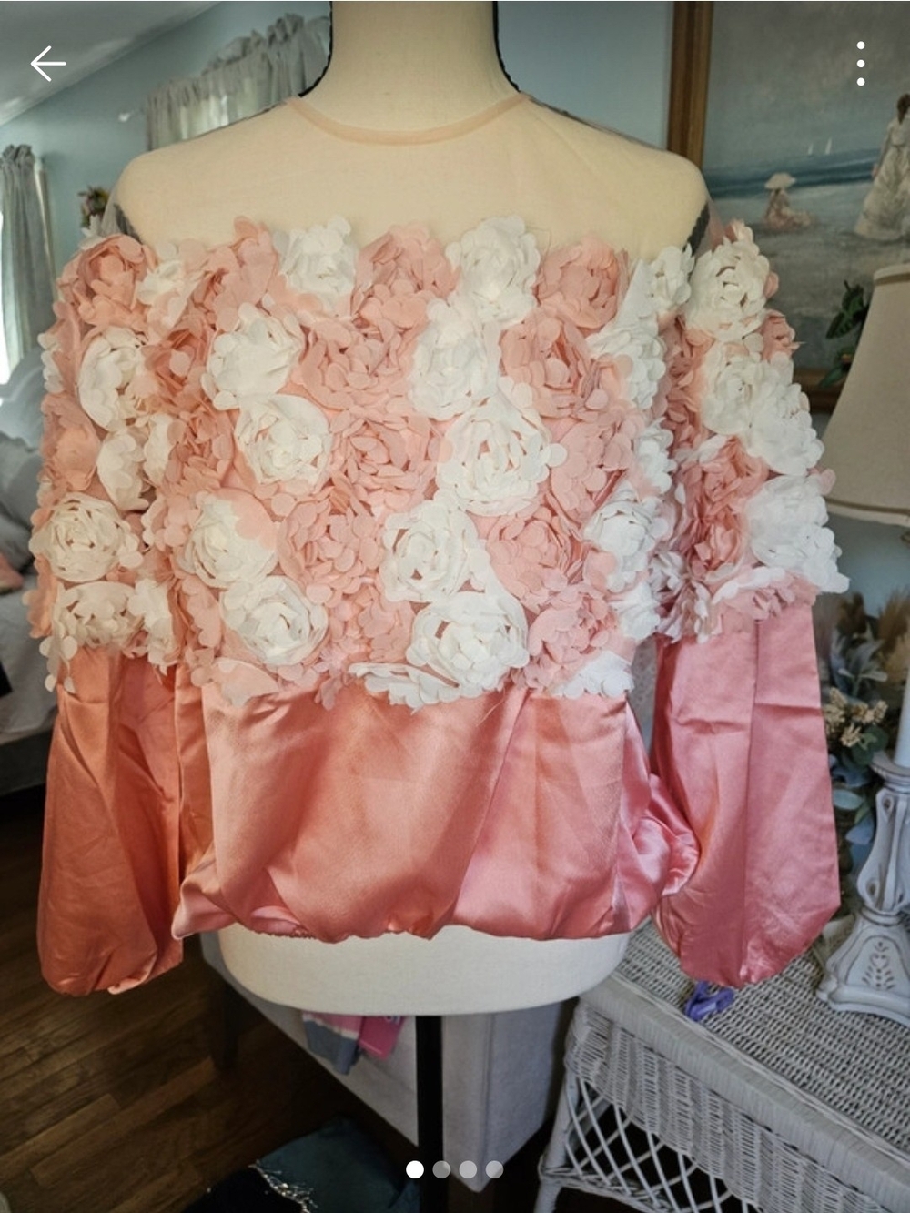 Pink Satin Floral Appliqué Off-Shoulder Blouse